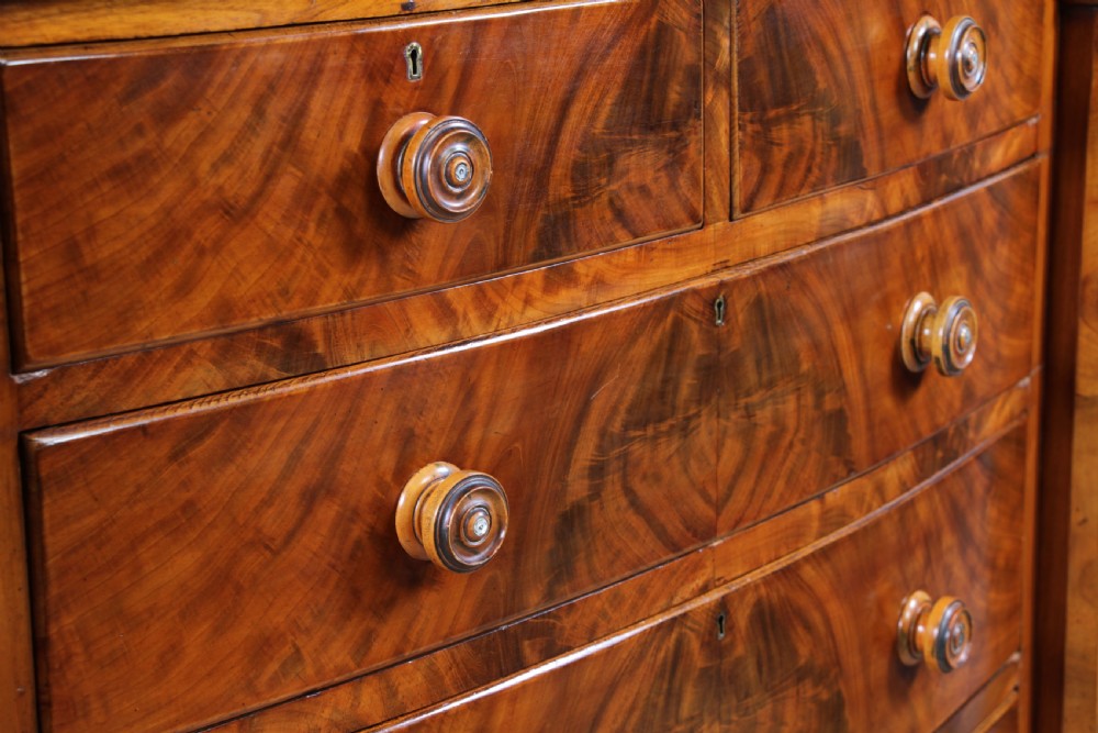 Original Antique Victorian Grand Tall Flame Grain Mahogany Scottish Chest of 5 Drawers C1870 View XVI