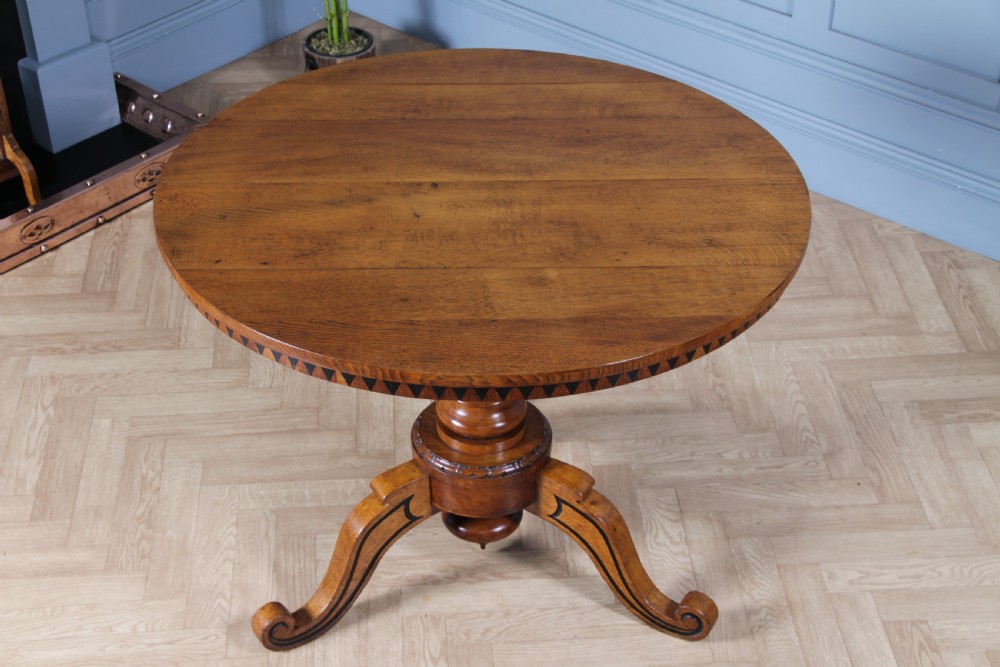 Victorian Aesthetic Movement Geometric Oak Tilt Top Round Breakfast Dining Table View IV