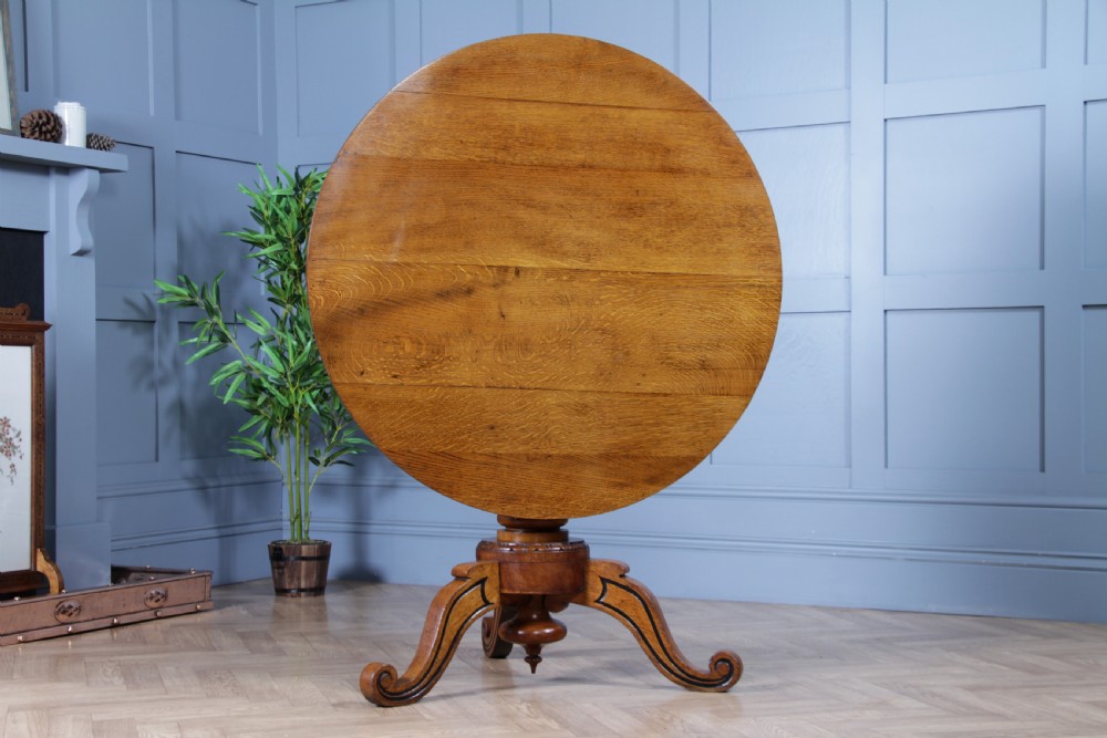Victorian Aesthetic Movement Geometric Oak Tilt Top Round Breakfast Dining Table View VIII