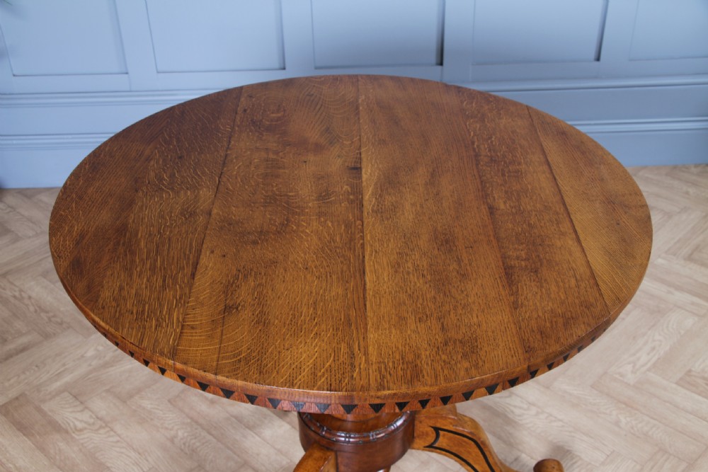 Victorian Aesthetic Movement Geometric Oak Tilt Top Round Breakfast Dining Table View X