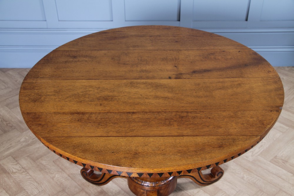 Victorian Aesthetic Movement Geometric Oak Tilt Top Round Breakfast Dining Table View XI