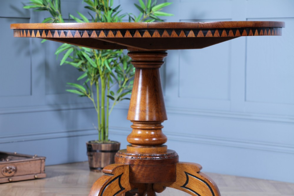 Victorian Aesthetic Movement Geometric Oak Tilt Top Round Breakfast Dining Table View XVI