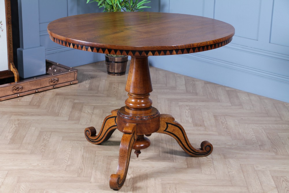 Victorian Aesthetic Movement Geometric Oak Tilt Top Round Breakfast Dining Table View XXI
