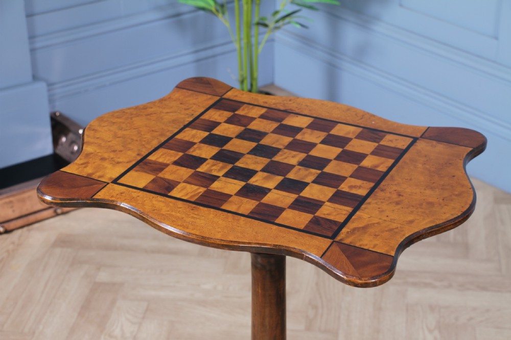 Antique Victorian Birdseye Maple, Rosewood, Mahogany & Ebony Inlaid Chess Games Tripod Table C1880 View II