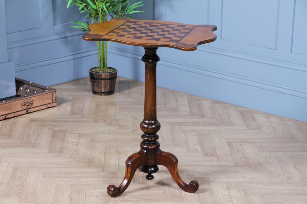 Antique Victorian Birdseye Maple, Rosewood, Mahogany & Ebony Inlaid Chess Games Tripod Table C1880 View V
