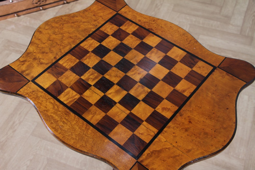 Antique Victorian Birdseye Maple, Rosewood, Mahogany & Ebony Inlaid Chess Games Tripod Table C1880 View VI