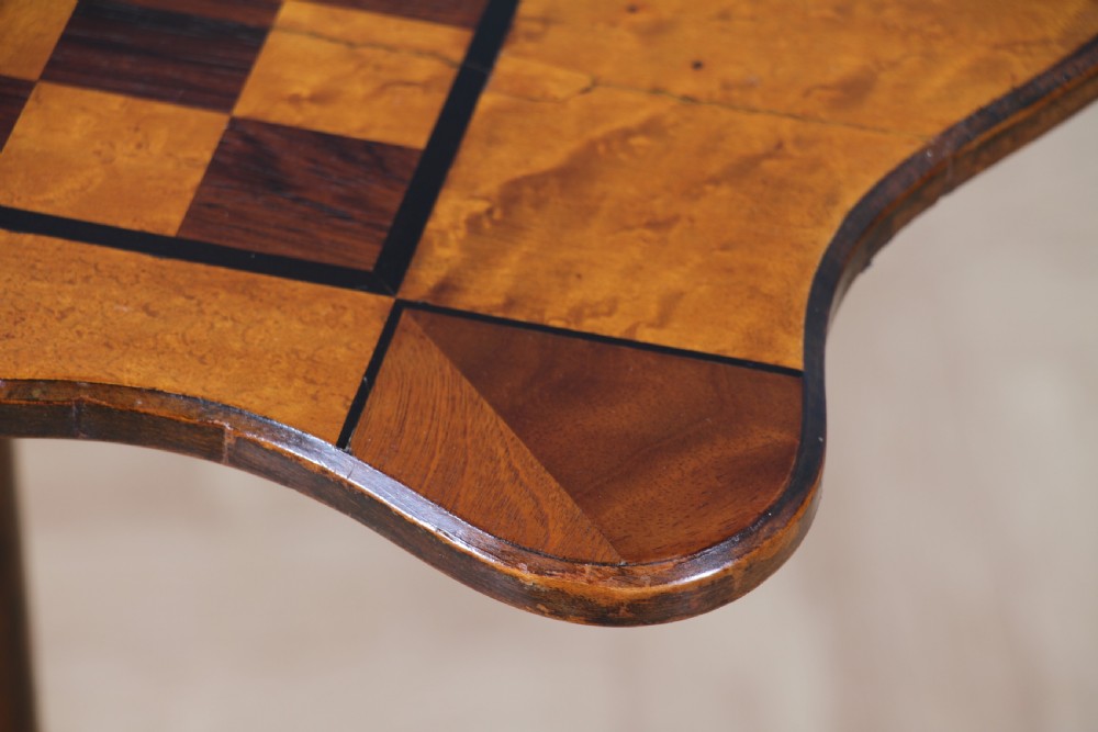 Antique Victorian Birdseye Maple, Rosewood, Mahogany & Ebony Inlaid Chess Games Tripod Table C1880 View VII