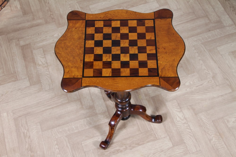 Antique Victorian Birdseye Maple, Rosewood, Mahogany & Ebony Inlaid Chess Games Tripod Table C1880 View VIII