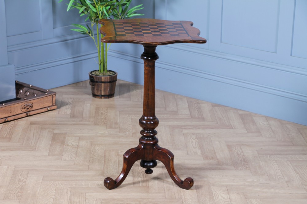 Antique Victorian Birdseye Maple, Rosewood, Mahogany & Ebony Inlaid Chess Games Tripod Table C1880 View X