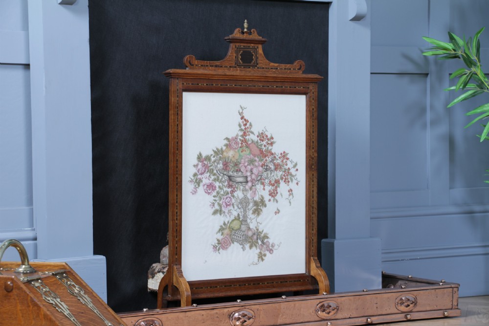 Antique Original Edwardian Oak Ebony Inlaid & Tapestry Needlepoint Fire Place Screen View II