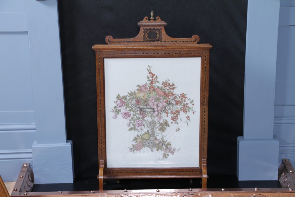 Antique Original Edwardian Oak Ebony Inlaid & Tapestry Needlepoint Fire Place Screen View III