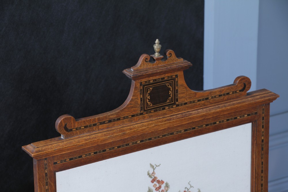 Antique Original Edwardian Oak Ebony Inlaid & Tapestry Needlepoint Fire Place Screen View V