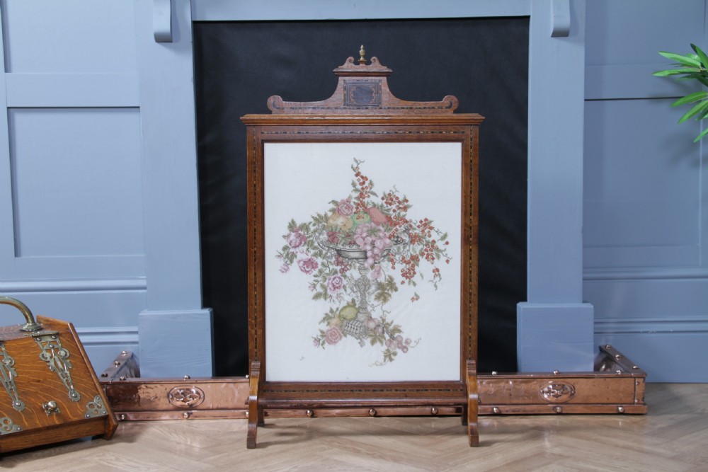 Antique Original Edwardian Oak Ebony Inlaid & Tapestry Needlepoint Fire Place Screen View VI