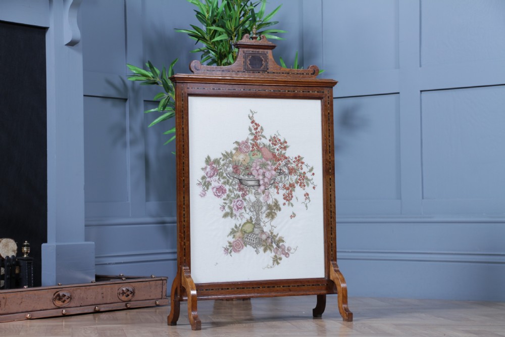 Antique Original Edwardian Oak Ebony Inlaid & Tapestry Needlepoint Fire Place Screen View VII