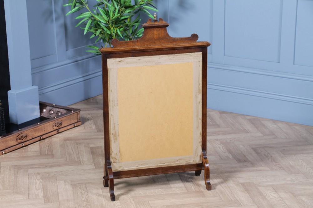 Antique Original Edwardian Oak Ebony Inlaid & Tapestry Needlepoint Fire Place Screen View VIII
