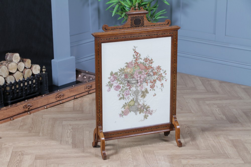 Antique Original Edwardian Oak Ebony Inlaid & Tapestry Needlepoint Fire Place Screen View X