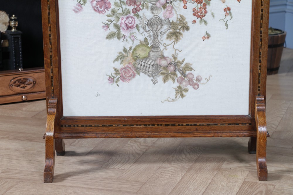 Antique Original Edwardian Oak Ebony Inlaid & Tapestry Needlepoint Fire Place Screen View XIII