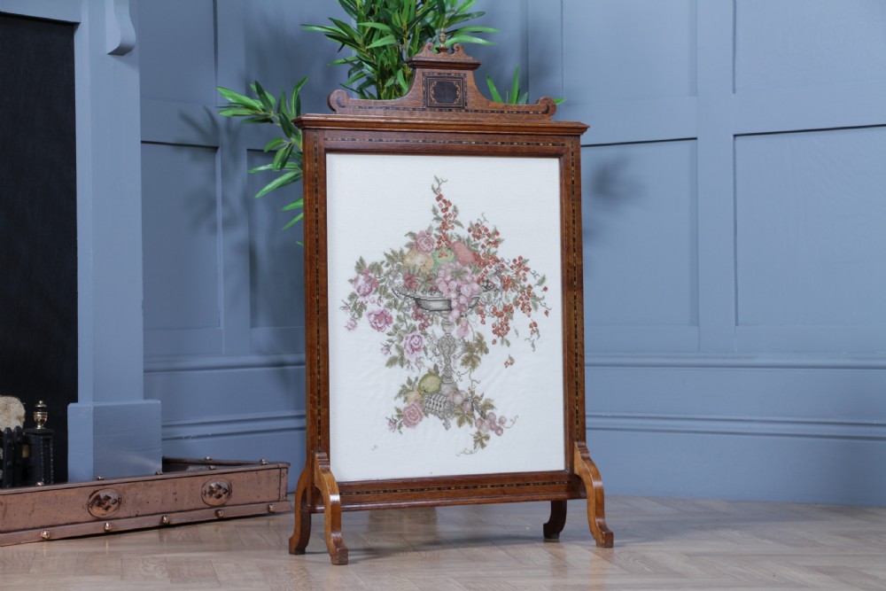 Antique Original Edwardian Oak Ebony Inlaid & Tapestry Needlepoint Fire Place Screen View XV
