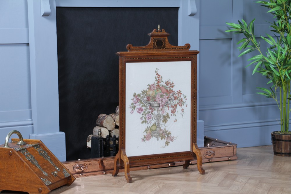 Antique Original Edwardian Oak Ebony Inlaid & Tapestry Needlepoint Fire Place Screen View XVI