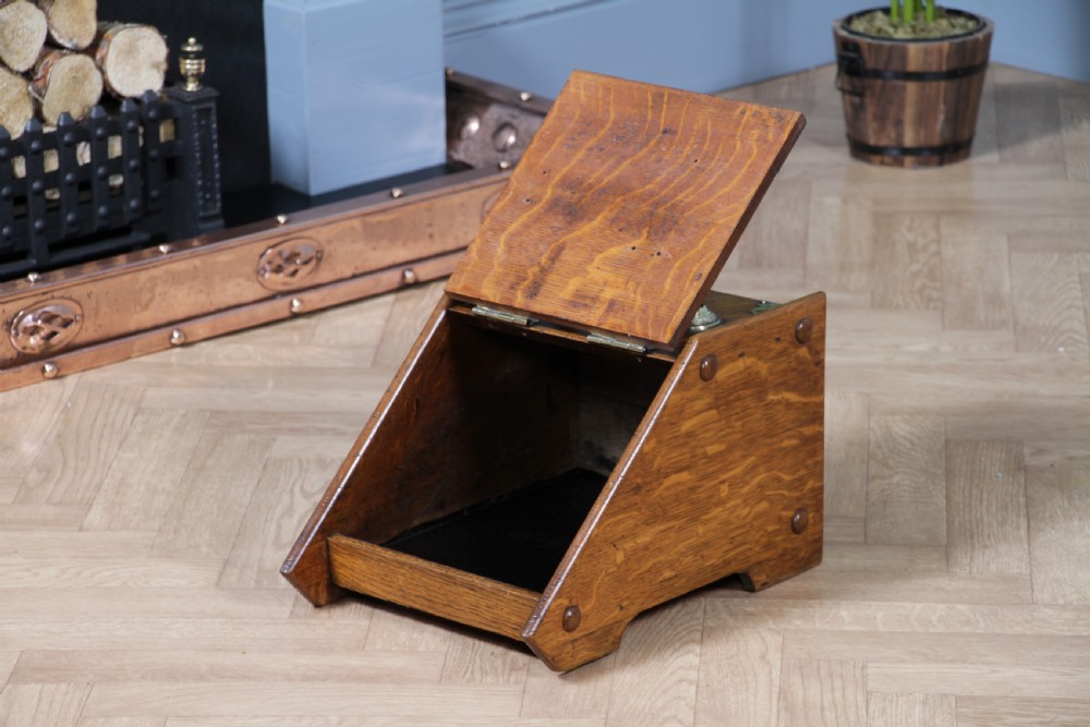 Antique Edwardian Art Nouveau Solid Oak Fireside Coal Purdonium Scuttle Box 1900 View V