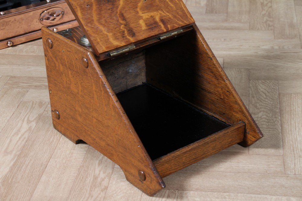 Antique Edwardian Art Nouveau Solid Oak Fireside Coal Purdonium Scuttle Box 1900 View VII