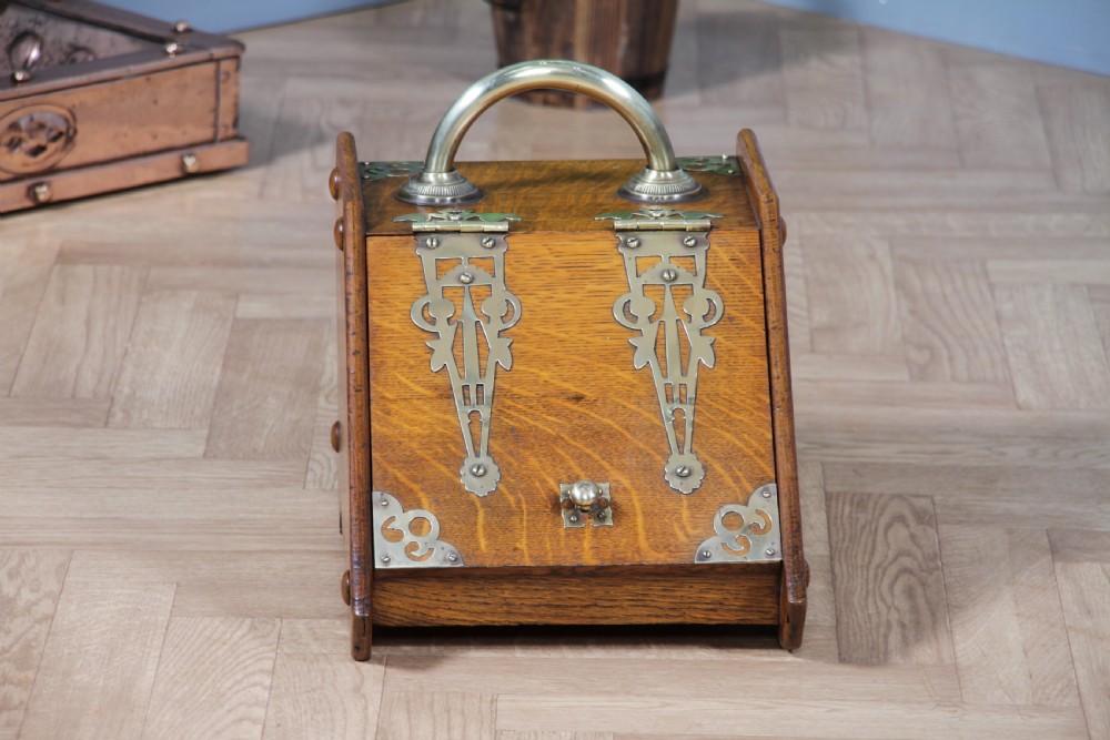 Antique Edwardian Art Nouveau Solid Oak Fireside Coal Purdonium Scuttle Box 1900 View VIII