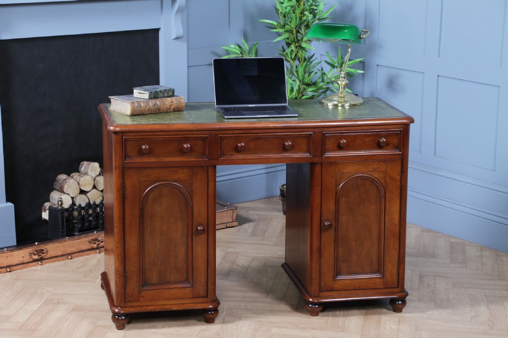 Antique Victorian Curved Front Mahogany 3 Drawer Twin Pedestal Writing Desk 1870 View IV