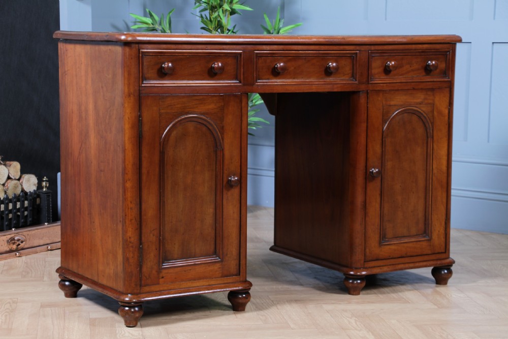 Antique Victorian Curved Front Mahogany 3 Drawer Twin Pedestal Writing Desk 1870 View II