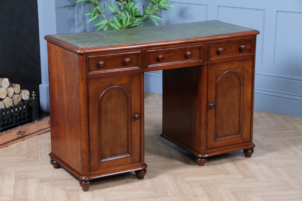 Antique Victorian Curved Front Mahogany 3 Drawer Twin Pedestal Writing Desk 1870 View III