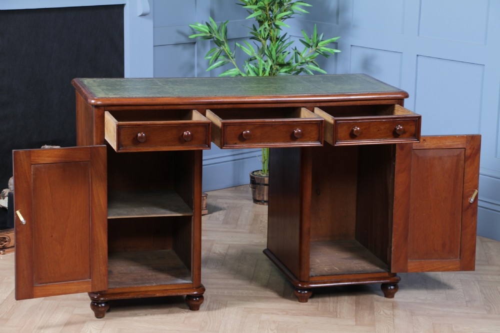 Antique Victorian Curved Front Mahogany 3 Drawer Twin Pedestal Writing Desk 1870 View VI