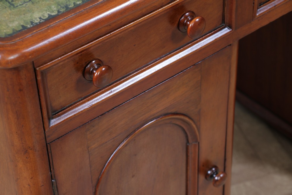 Antique Victorian Curved Front Mahogany 3 Drawer Twin Pedestal Writing Desk 1870 View IX