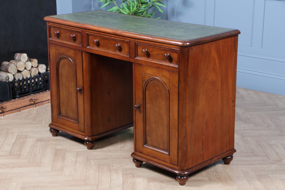 Antique Victorian Curved Front Mahogany 3 Drawer Twin Pedestal Writing Desk 1870 View X