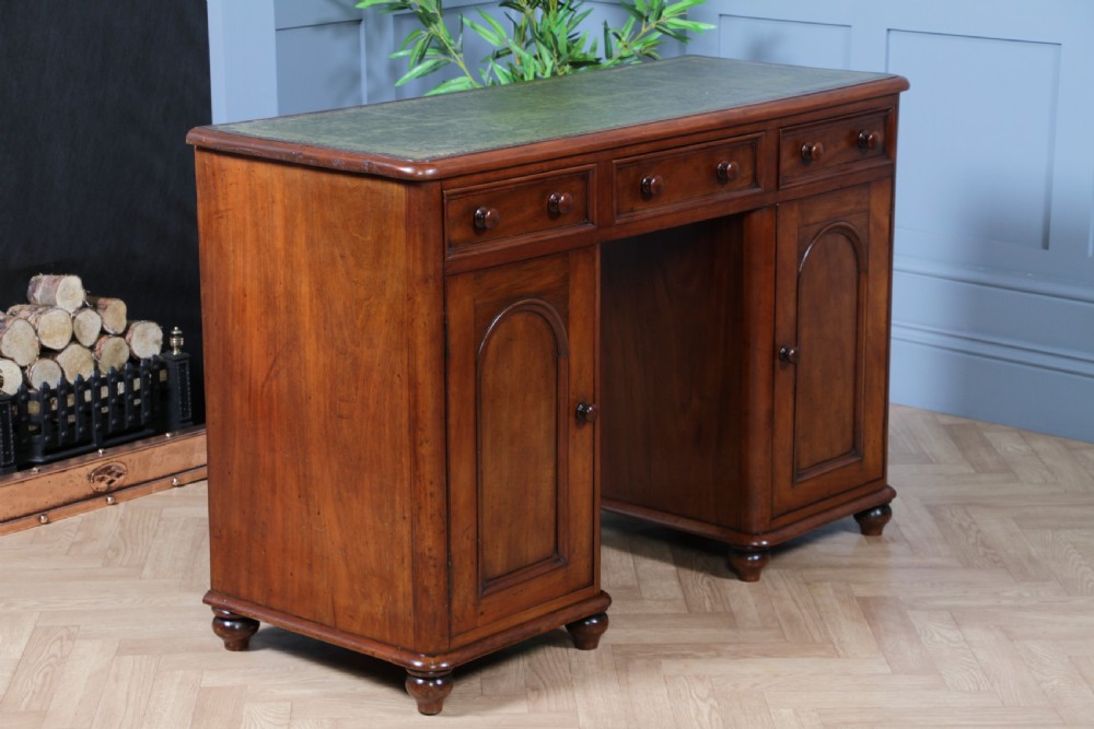 Antique Victorian Curved Front Mahogany 3 Drawer Twin Pedestal Writing Desk 1870 View XI