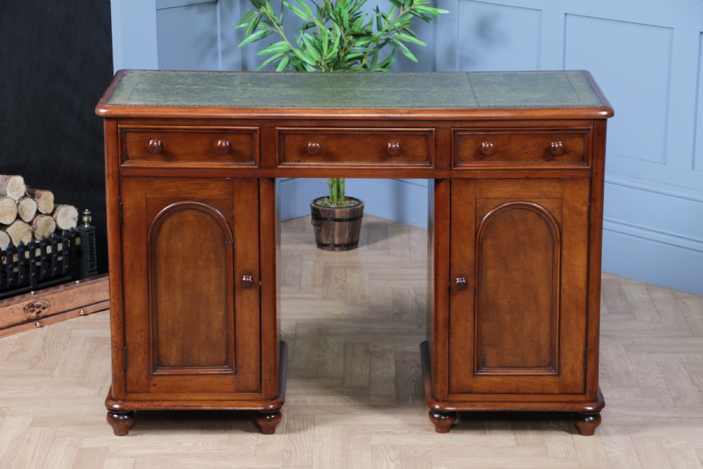 Antique Victorian Curved Front Mahogany 3 Drawer Twin Pedestal Writing Desk 1870 View XV