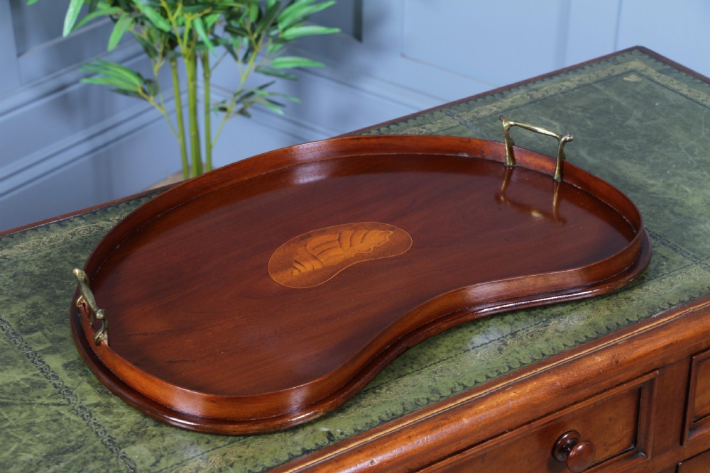 An Edwardian kidney-shaped solid mahogany serving tray featuring a central inlaid shell motif and two brass carrying handles.