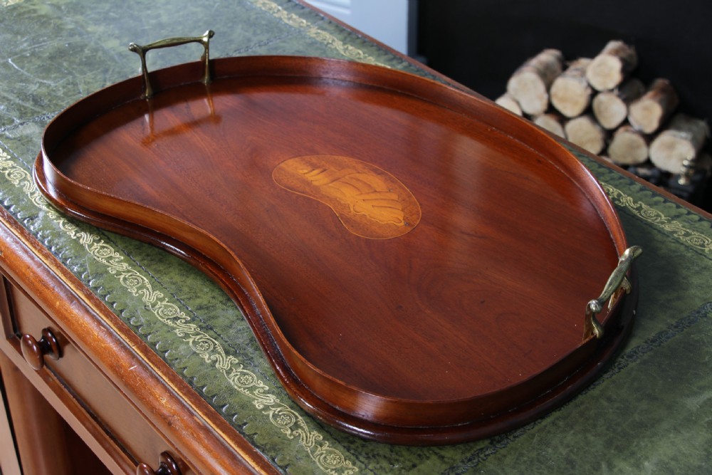 An Edwardian kidney-shaped solid mahogany serving tray featuring a central inlaid shell motif and two brass carrying handles. View III