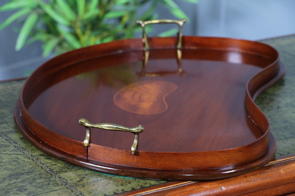 An Edwardian kidney-shaped solid mahogany serving tray featuring a central inlaid shell motif and two brass carrying handles. View VII