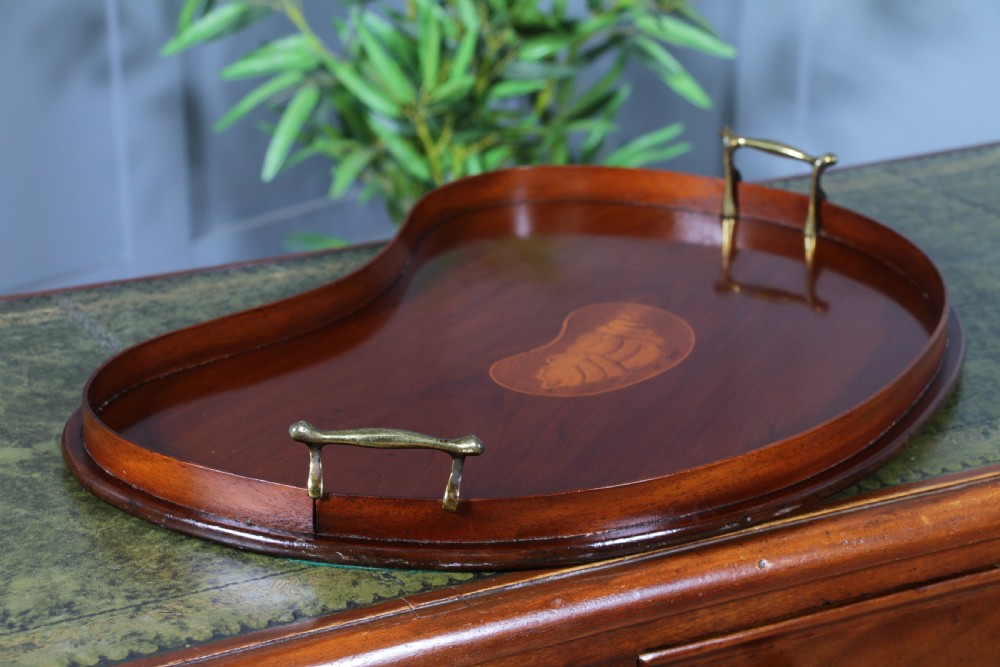 An Edwardian kidney-shaped solid mahogany serving tray featuring a central inlaid shell motif and two brass carrying handles. View VIII