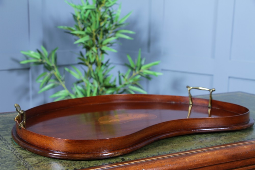 An Edwardian kidney-shaped solid mahogany serving tray featuring a central inlaid shell motif and two brass carrying handles. View XI