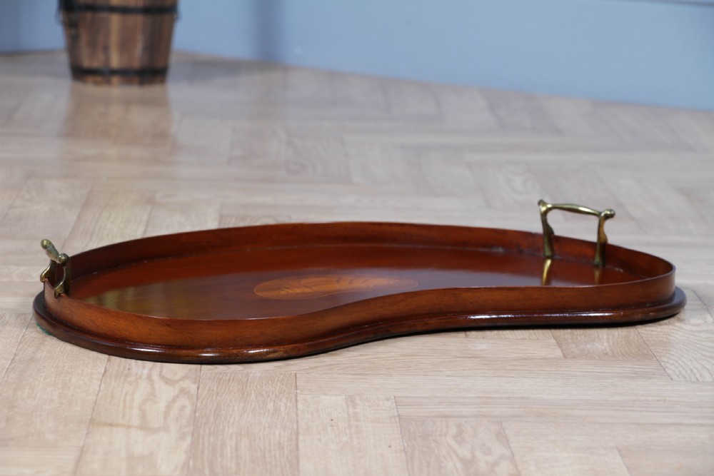 An Edwardian kidney-shaped solid mahogany serving tray featuring a central inlaid shell motif and two brass carrying handles. View XII