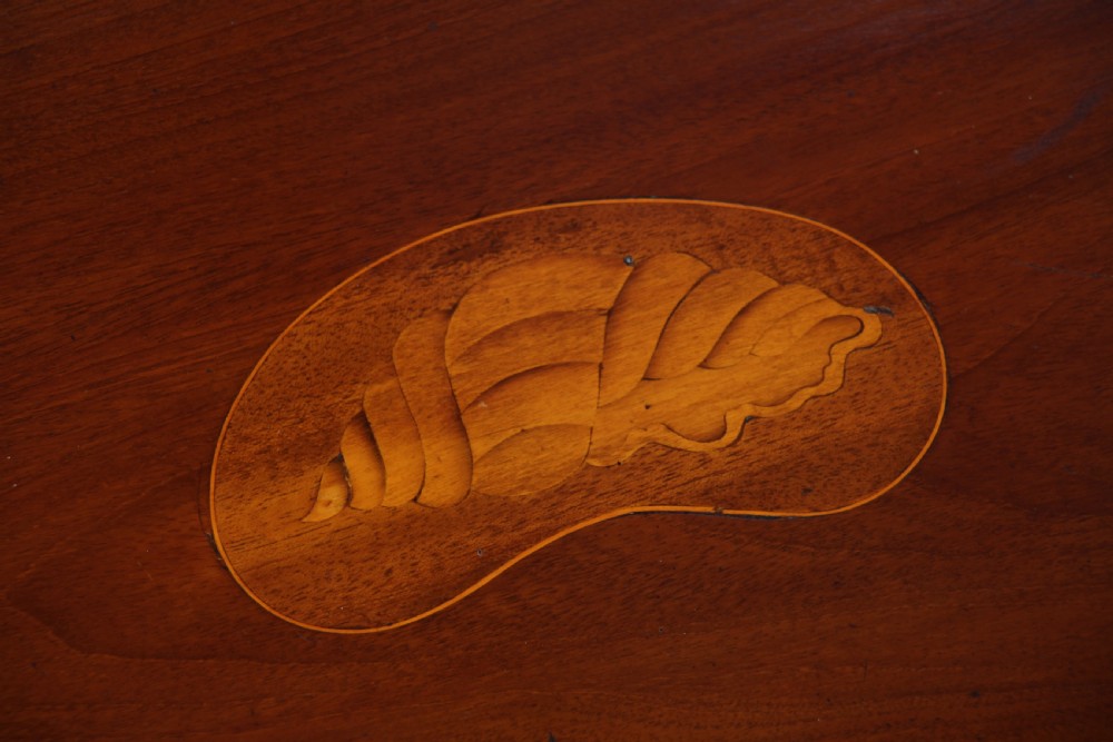 An Edwardian kidney-shaped solid mahogany serving tray featuring a central inlaid shell motif and two brass carrying handles. View XIV