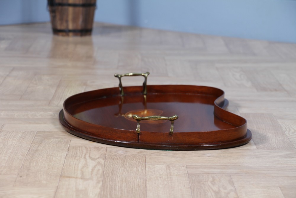 An Edwardian kidney-shaped solid mahogany serving tray featuring a central inlaid shell motif and two brass carrying handles. View XVIII