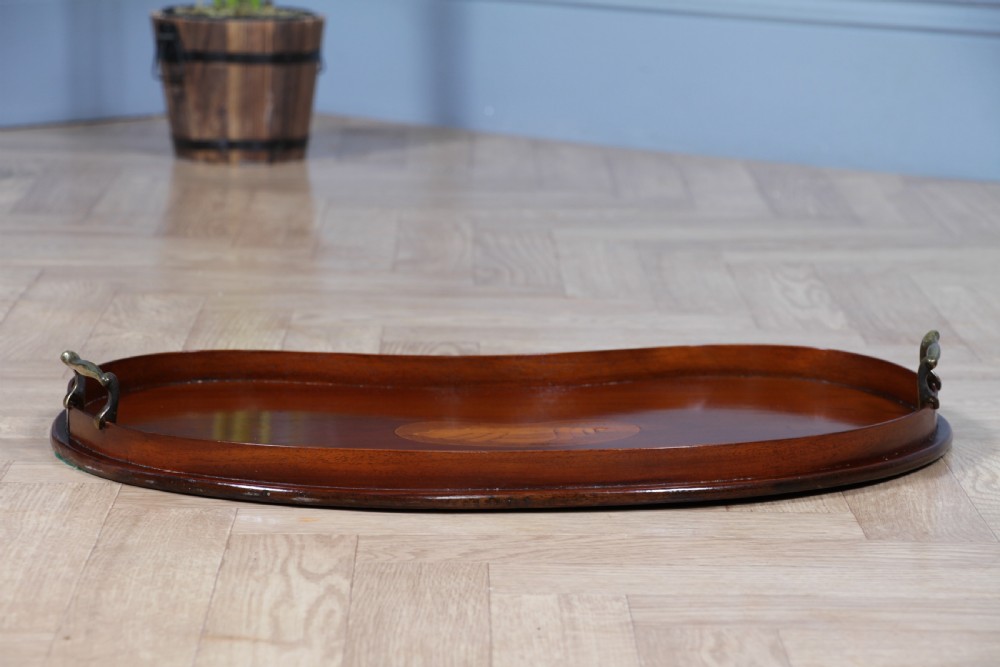 An Edwardian kidney-shaped solid mahogany serving tray featuring a central inlaid shell motif and two brass carrying handles. View XIX