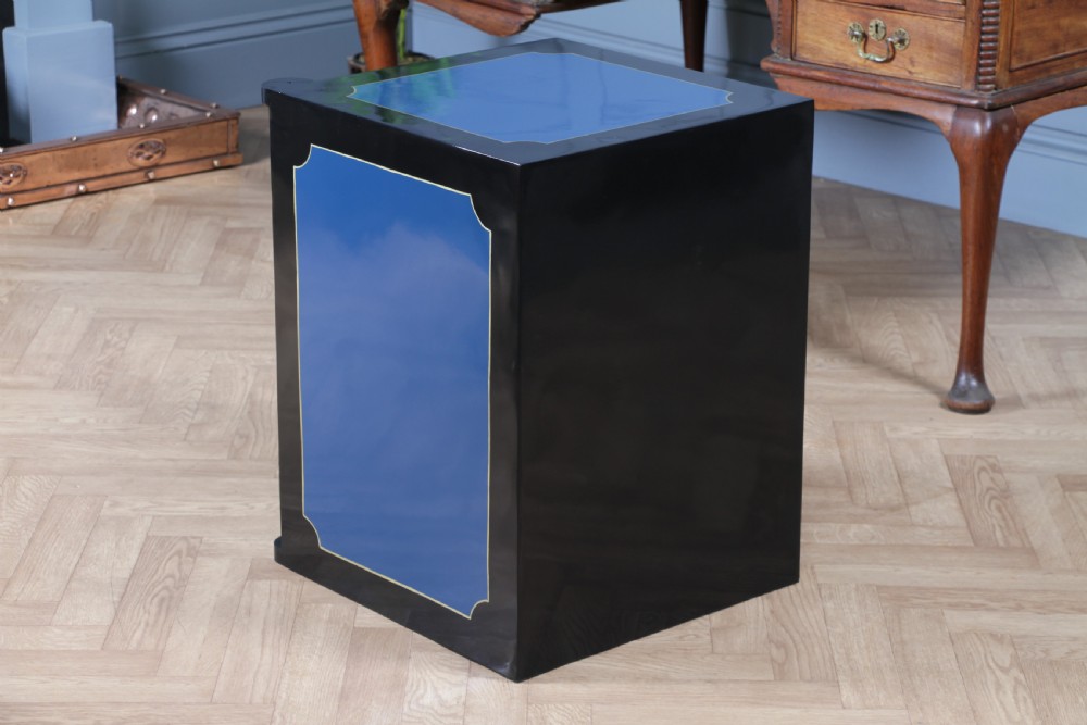 A heavy restored Victorian cast iron safe featuring a deep blue and black lacquered exterior with gold pinstriping and a brass royal coat of arms crest. View XVIII
