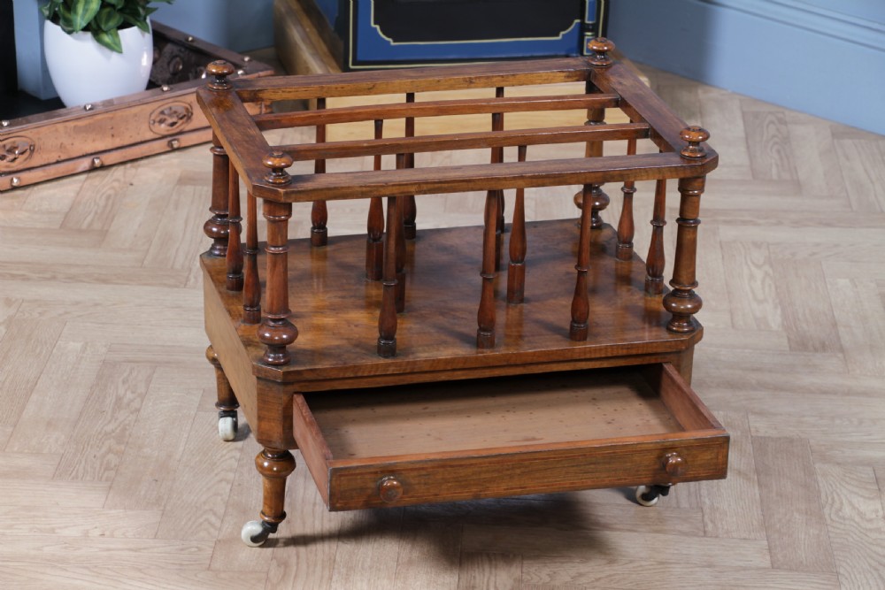 Antique Original Victorian Walnut Inlaid Turned Canterbury With Drawer 1860 View II