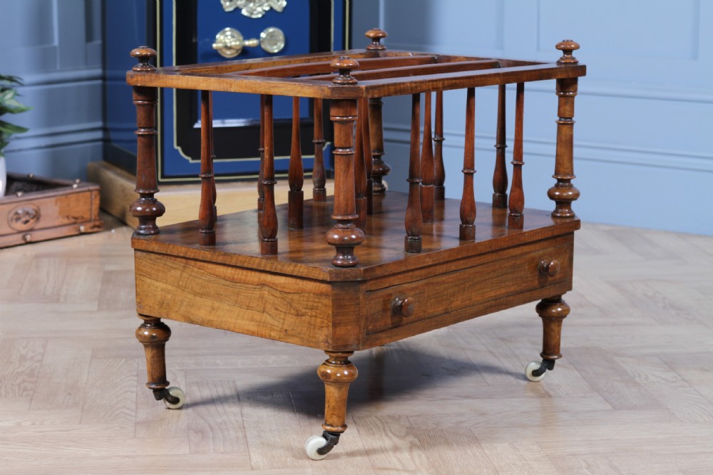 Antique Original Victorian Walnut Inlaid Turned Canterbury With Drawer 1860 View IV