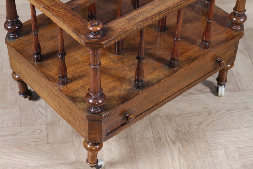 Antique Original Victorian Walnut Inlaid Turned Canterbury With Drawer 1860 View V