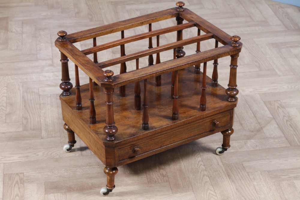 Antique Original Victorian Walnut Inlaid Turned Canterbury With Drawer 1860 View XI