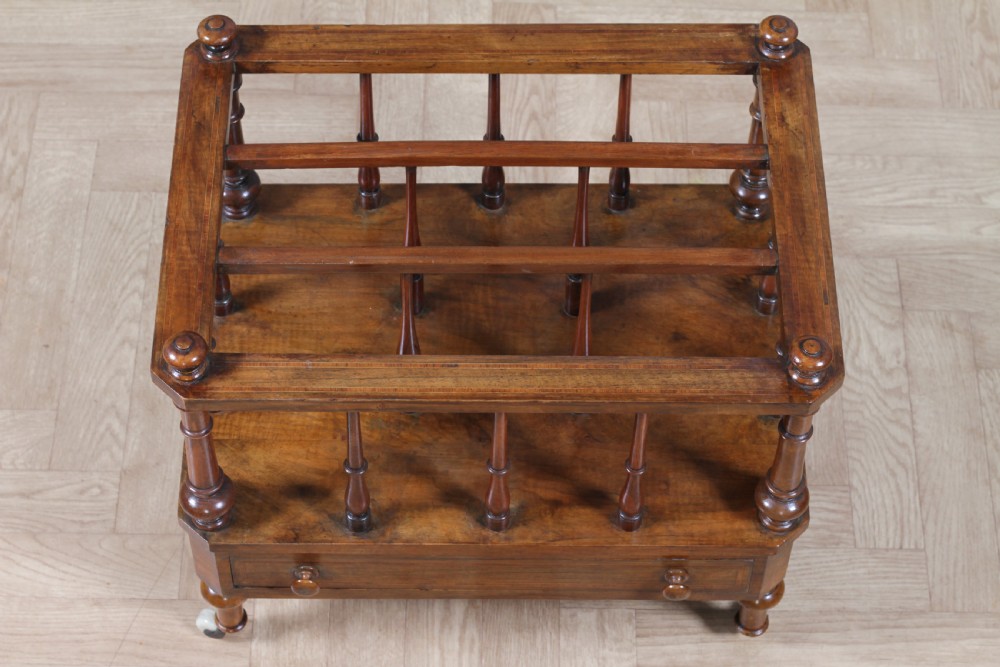 Antique Original Victorian Walnut Inlaid Turned Canterbury With Drawer 1860 View XII