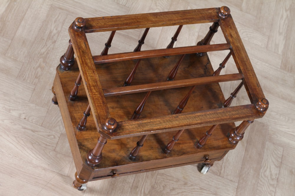 Antique Original Victorian Walnut Inlaid Turned Canterbury With Drawer 1860 View XVII